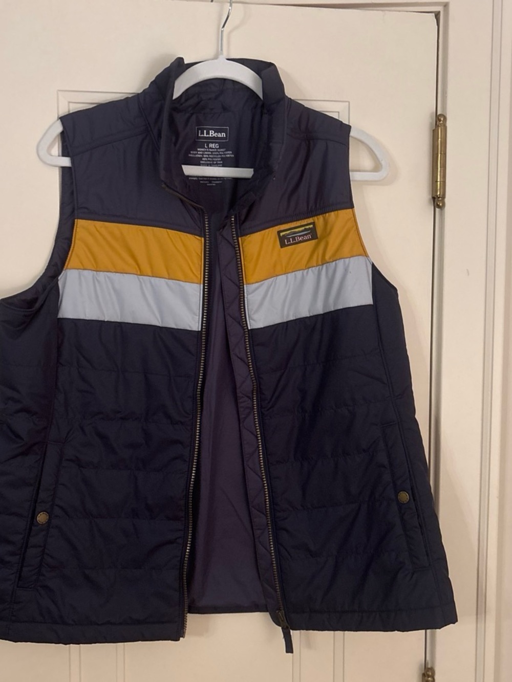 L.L. Bean Navy Quilted Vest with Mustard and Light Gray Panels